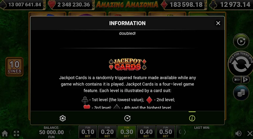 Jackpot Cards levels in the Amazing Amazonia rules