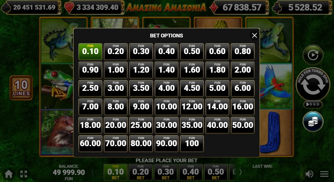 View bet options popup.