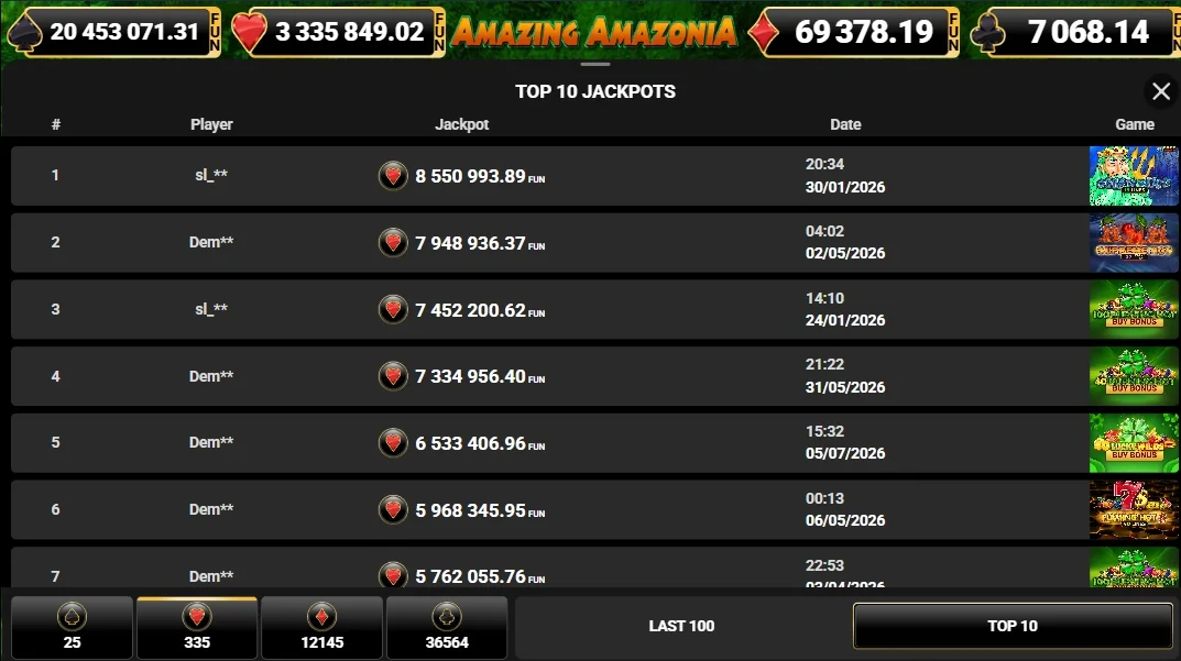 Browse jackpot winners leaderboard.